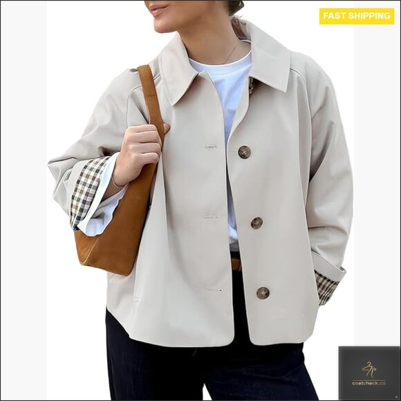 Jackets & Blazers - Cropped Trench Coat Lightweight Loose Fit Long Sleeve Single Breasted